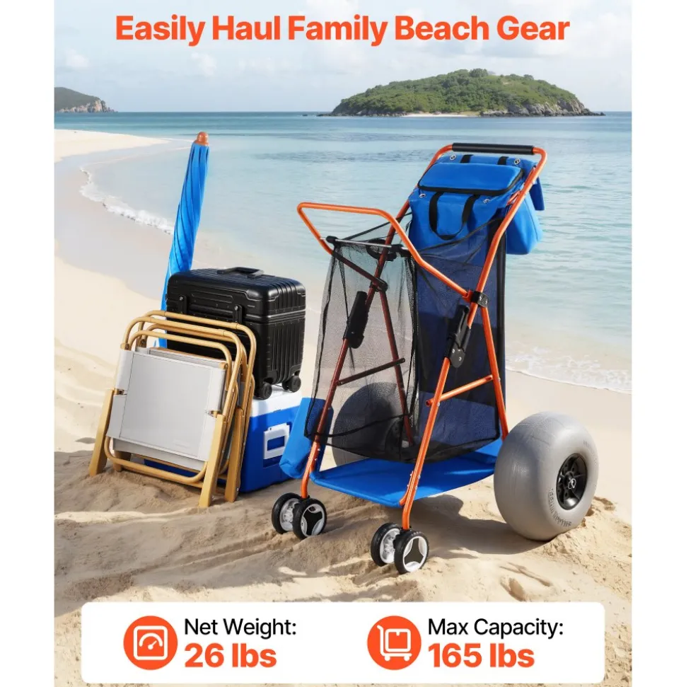 VEVOR Beach Cart with Large Wheels for Sand, 165 lbs Load Capacity, Heavy Duty Folding Beach Wagon with 12" Balloon Wheels, Insulated Cooler Bag, Umbrella Holder, Holds 4 Chairs for Camping & Fishing