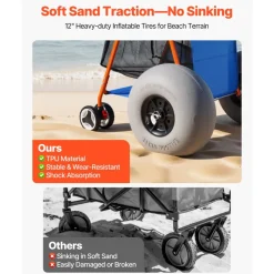 VEVOR Beach Cart with Large Wheels for Sand, 165 lbs Load Capacity, Heavy Duty Folding Beach Wagon with 12