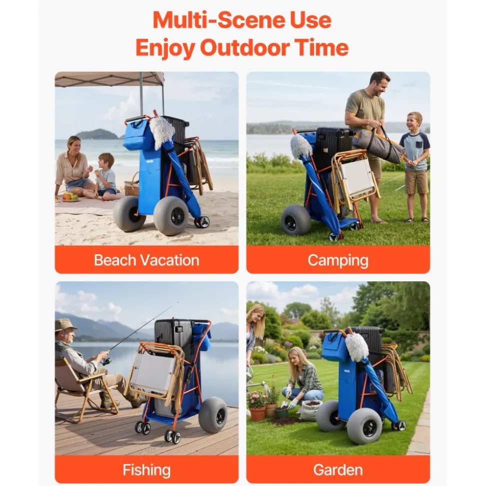 VEVOR Beach Cart with Large Wheels for Sand, 165 lbs Load Capacity, Heavy Duty Folding Beach Wagon with 12" Balloon Wheels, Insulated Cooler Bag, Umbrella Holder, Holds 4 Chairs for Camping & Fishing