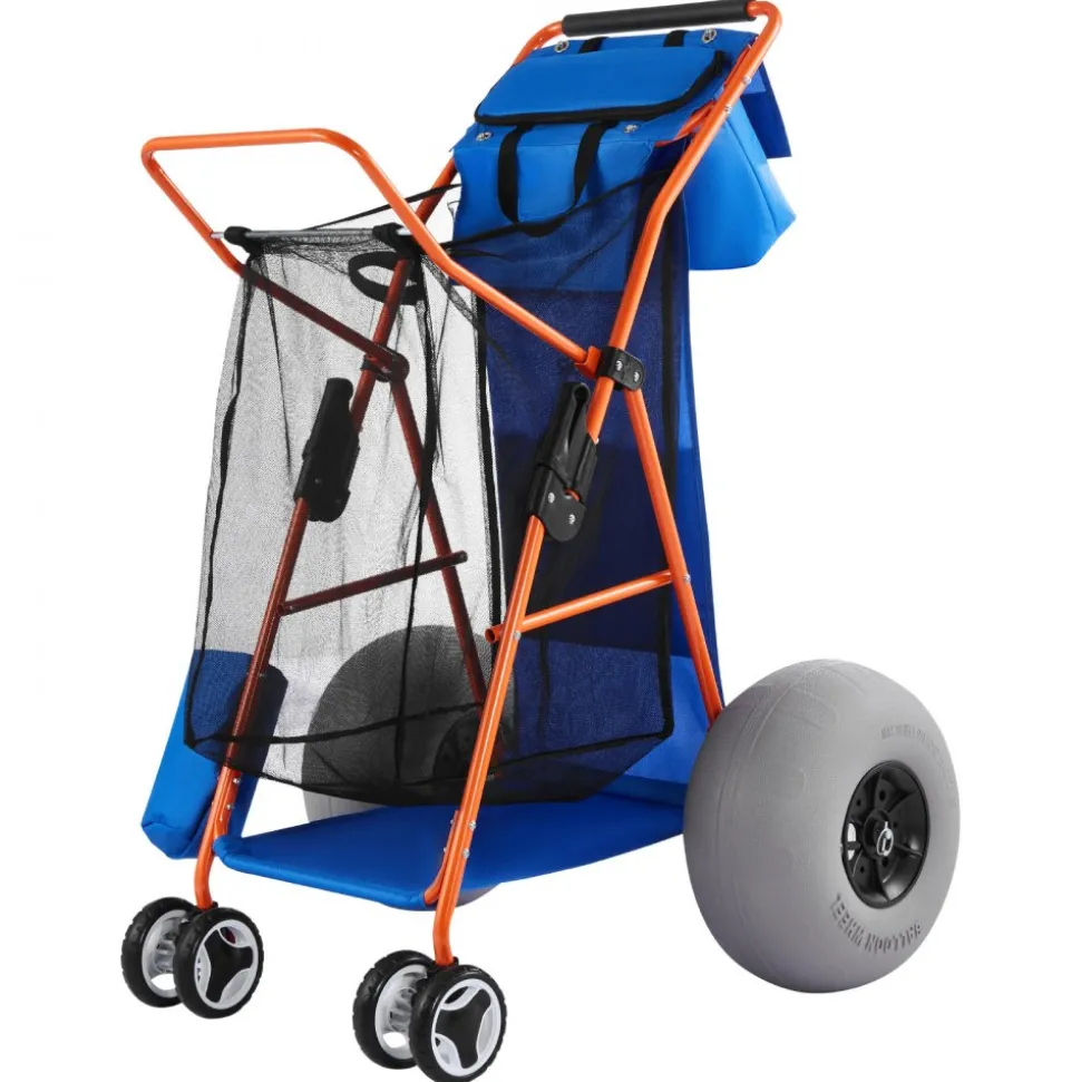 VEVOR Beach Cart with Large Wheels for Sand, 165 lbs Load Capacity, Heavy Duty Folding Beach Wagon with 12" Balloon Wheels, Insulated Cooler Bag, Umbrella Holder, Holds 4 Chairs for Camping & Fishing