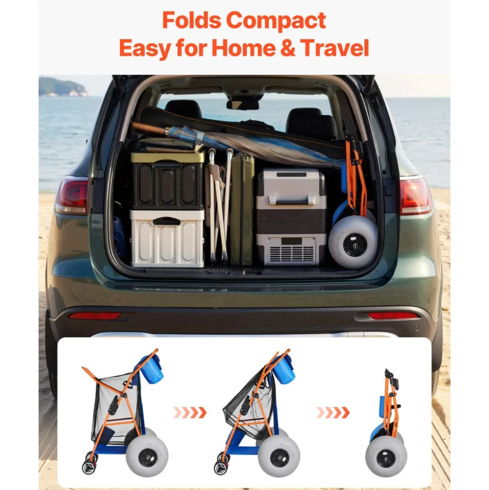 VEVOR Beach Cart with Large Wheels for Sand, 165 lbs Load Capacity, Heavy Duty Folding Beach Wagon with 12" Balloon Wheels, Insulated Cooler Bag, Umbrella Holder, Holds 4 Chairs for Camping & Fishing