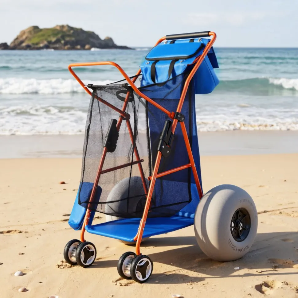 VEVOR Beach Cart with Large Wheels for Sand, 165 lbs Load Capacity, Heavy Duty Folding Beach Wagon with 12" Balloon Wheels, Insulated Cooler Bag, Umbrella Holder, Holds 4 Chairs for Camping & Fishing