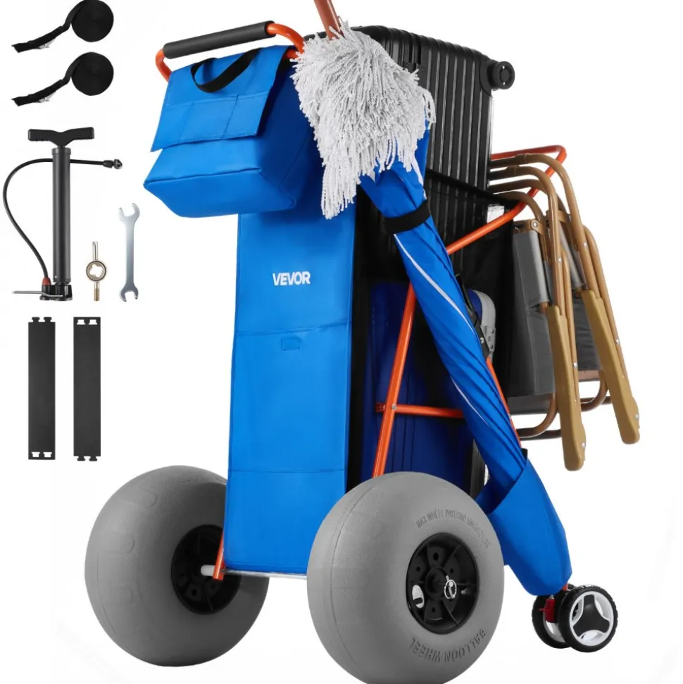 VEVOR Beach Cart with Large Wheels for Sand, 165 lbs Load Capacity, Heavy Duty Folding Beach Wagon with 12" Balloon Wheels, Insulated Cooler Bag, Umbrella Holder, Holds 4 Chairs for Camping & Fishing
