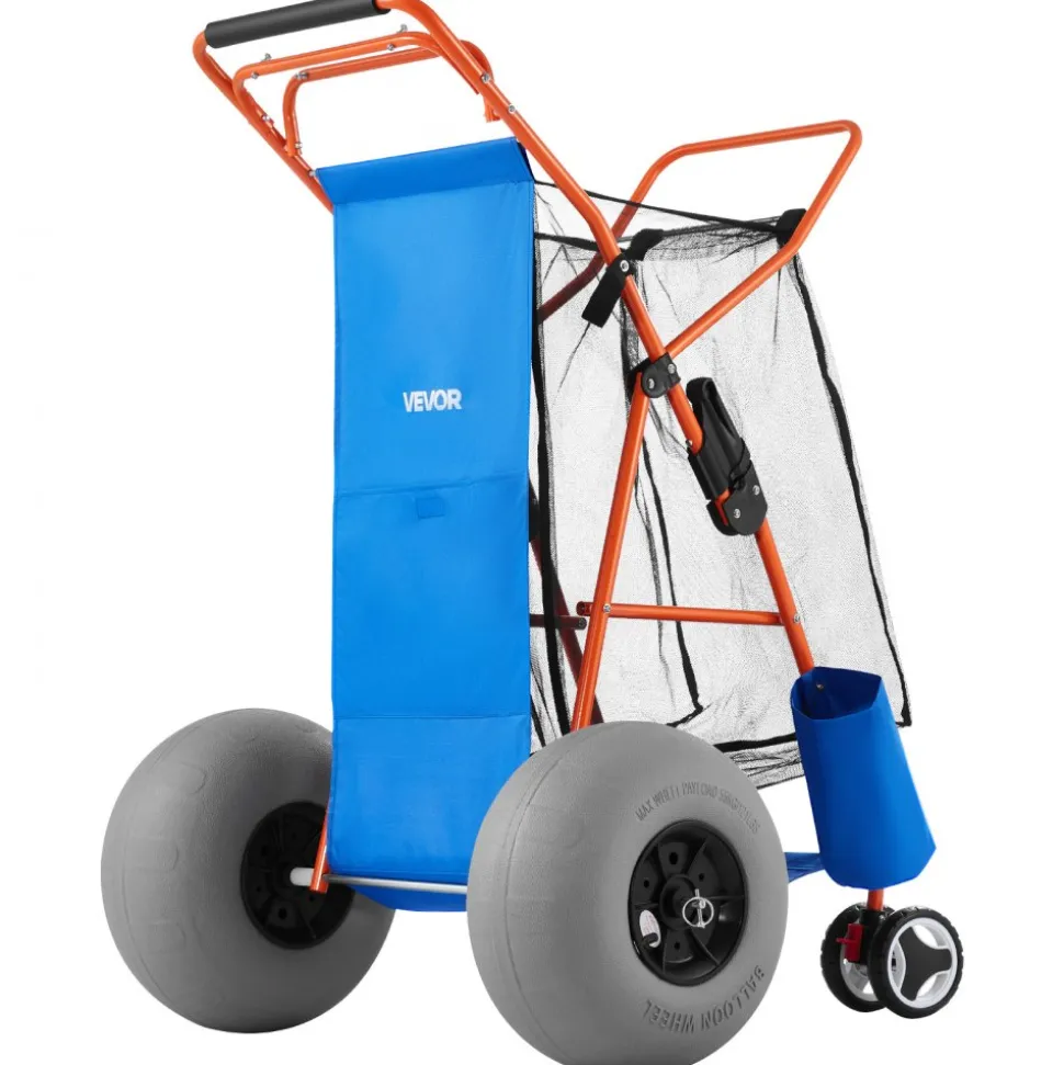 VEVOR Beach Cart with Large Wheels for Sand, 165 lbs Load Capacity, Heavy Duty Folding Beach Wagon with 12" Balloon Wheels, Insulated Cooler Bag, Umbrella Holder, Holds 4 Chairs for Camping & Fishing