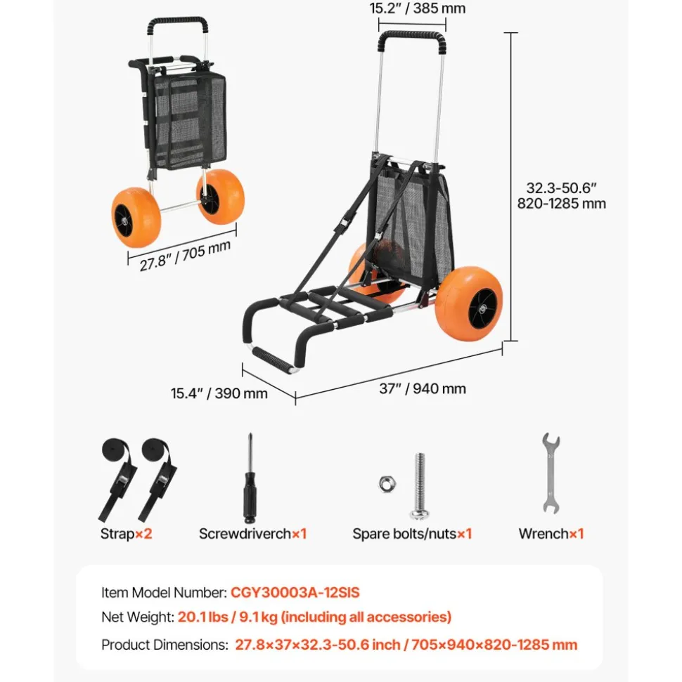 VEVOR Beach Dolly with Big Wheels for Sand, 29.9" x 15.4" Cargo Deck, w/ 12" Solid Wheels, 165LBS Loading Capacity Folding Sand Cart & 27" to 44.7" Adjustable Height, Heavy Duty Cart for Beach