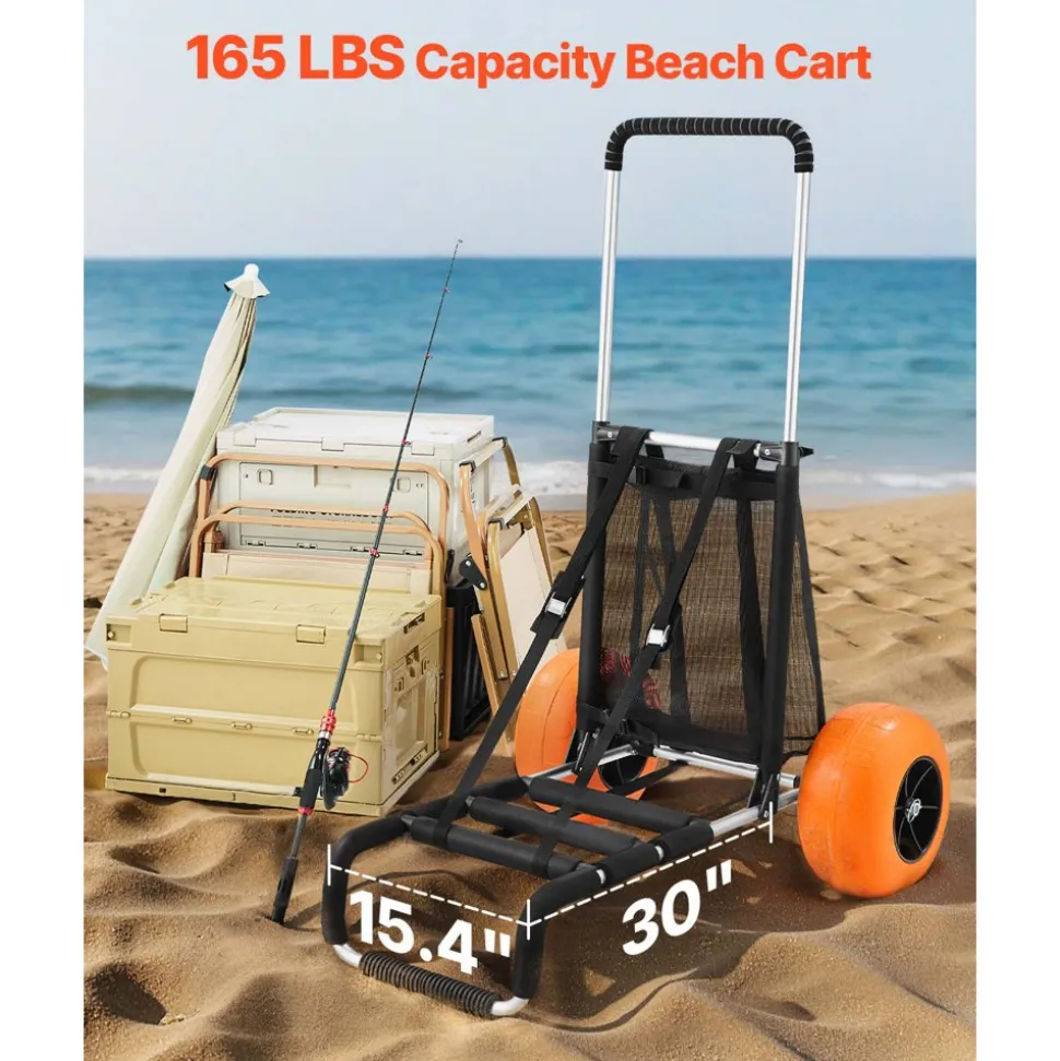 VEVOR Beach Dolly with Big Wheels for Sand, 29.9" x 15.4" Cargo Deck, w/ 12" Solid Wheels, 165LBS Loading Capacity Folding Sand Cart & 27" to 44.7" Adjustable Height, Heavy Duty Cart for Beach