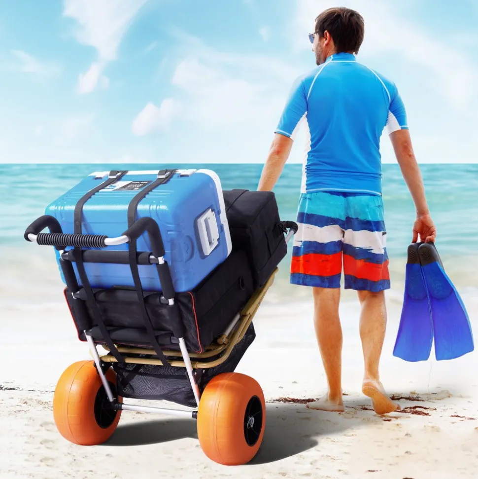 VEVOR Beach Dolly with Big Wheels for Sand, 29.9" x 15.4" Cargo Deck, w/ 12" Solid Wheels, 165LBS Loading Capacity Folding Sand Cart & 27" to 44.7" Adjustable Height, Heavy Duty Cart for Beach