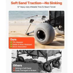 VEVOR Beach Dolly with Big Wheels for Sand, 20" x 15" Cargo Deck, Folding Sand Cart with 12" Balloon Wheels, 165 lbs Loading Capacity & 34" to 46" Adjustable Height, Heavy Duty Cart for Beach Camping