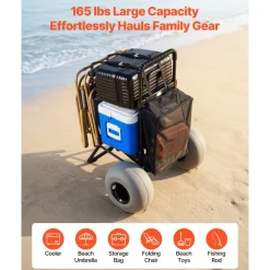 VEVOR Beach Dolly with Big Wheels for Sand, 18" x 15" Cargo Deck, Folding Sand Cart with 12" Balloon Wheels, 165 lbs Loading Capacity & 34" to 45" Adjustable Height, Heavy Duty Cart for Beach Camping