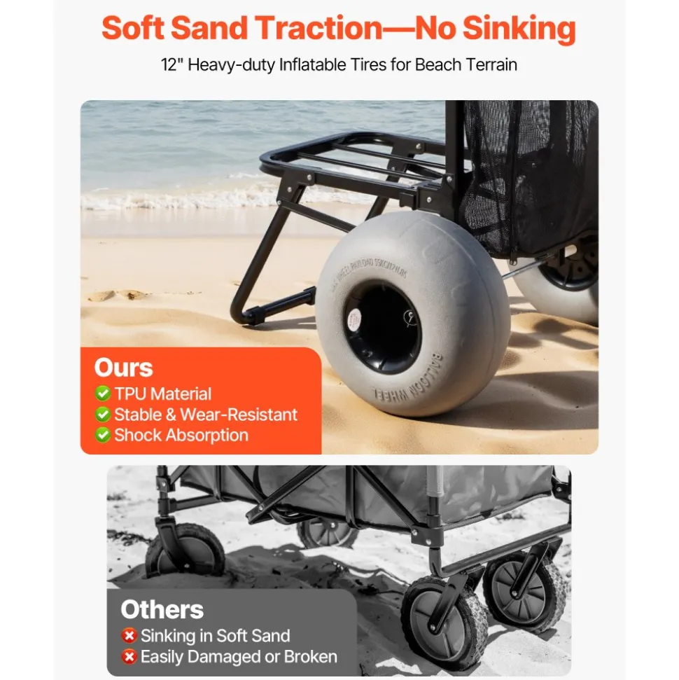 VEVOR Beach Dolly with Big Wheels for Sand, 18" x 15" Cargo Deck, Folding Sand Cart with 12" Balloon Wheels, 165 lbs Loading Capacity & 34" to 45" Adjustable Height, Heavy Duty Cart for Beach Camping