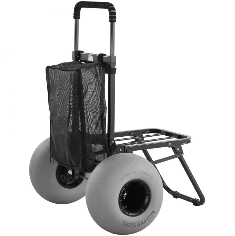 VEVOR Beach Dolly with Big Wheels for Sand, 18" x 15" Cargo Deck, Folding Sand Cart with 12" Balloon Wheels, 165 lbs Loading Capacity & 34" to 45" Adjustable Height, Heavy Duty Cart for Beach Camping