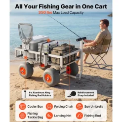 VEVOR Beach Fishing Cart, 350 lbs Load Capacity, Fishing Cart Wagon with Heavy-Duty Aluminum Alloy Frame, 13-Inch All-Terrain PU Balloon Tires, 6 Rod Holders, for Outdoor Activities Camping Picnic