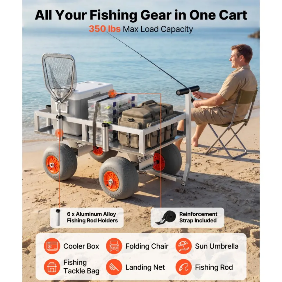 VEVOR Beach Fishing Cart, 350 lbs Load Capacity, Fishing Cart Wagon with Heavy-Duty Aluminum Alloy Frame, 13-Inch All-Terrain PU Balloon Tires, 6 Rod Holders, for Outdoor Activities Camping Picnic