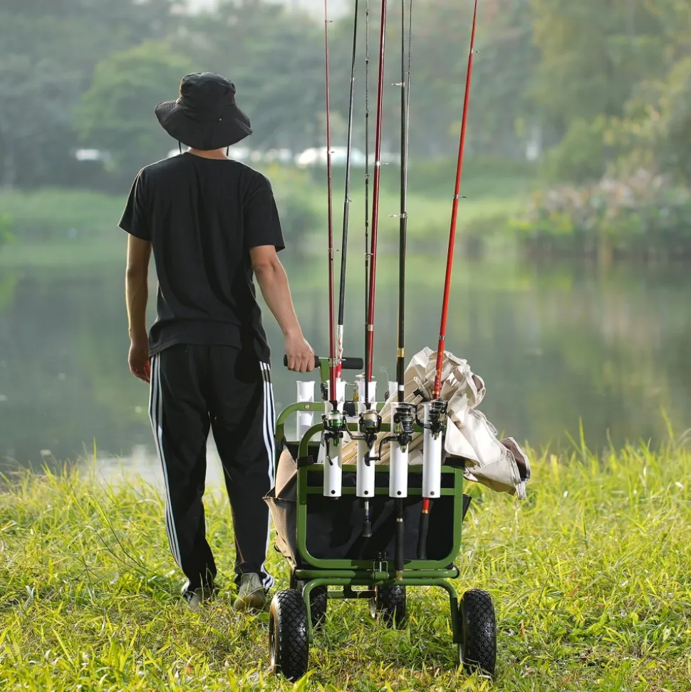 VEVOR Beach Fishing Cart, 300 lbs Load Capacity, Foldable Fish and Marine Cart with Four 11" Big Wheels Rubber Balloon Tires, Heavy-Duty Steel Pier Wagon Trolley with 8 Rod Holders for Picnic