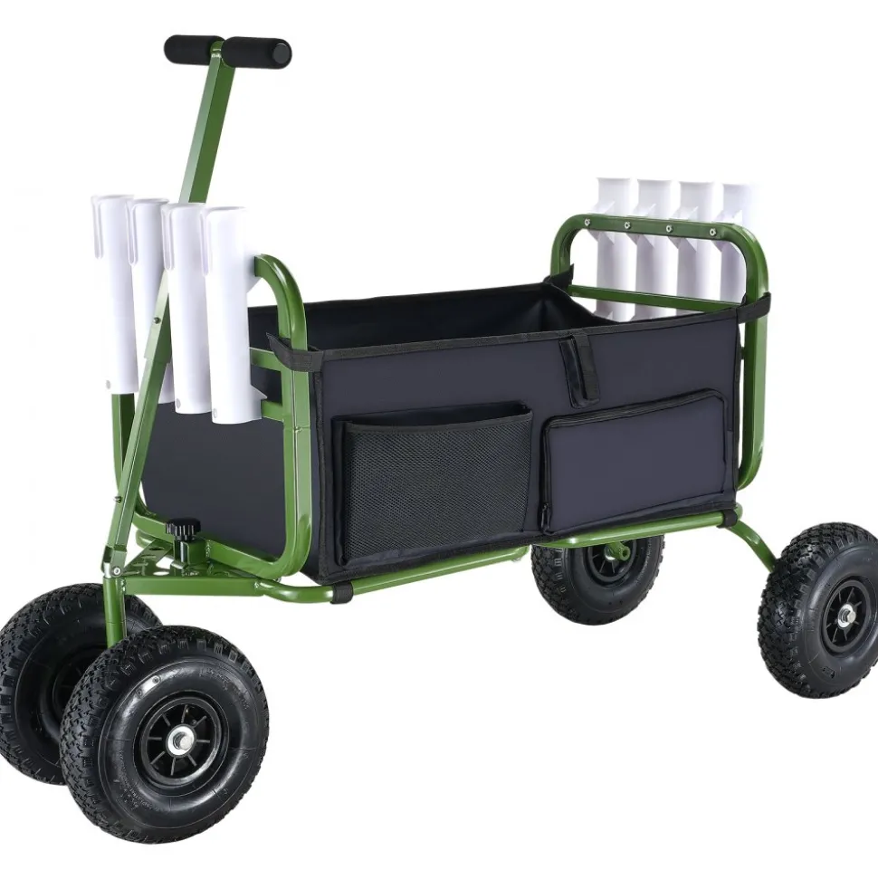 VEVOR Beach Fishing Cart, 300 lbs Load Capacity, Foldable Fish and Marine Cart with Four 11" Big Wheels Rubber Balloon Tires, Heavy-Duty Steel Pier Wagon Trolley with 8 Rod Holders for Picnic