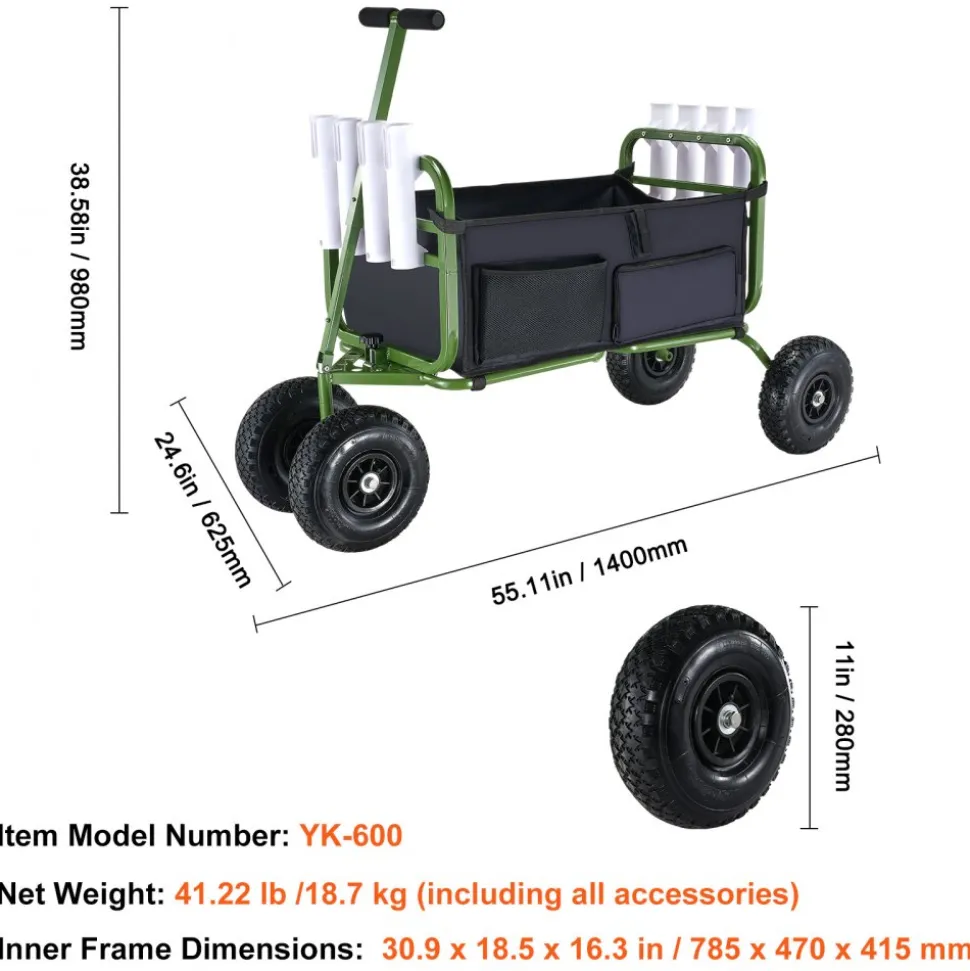 VEVOR Beach Fishing Cart, 300 lbs Load Capacity, Foldable Fish and Marine Cart with Four 11" Big Wheels Rubber Balloon Tires, Heavy-Duty Steel Pier Wagon Trolley with 8 Rod Holders for Picnic