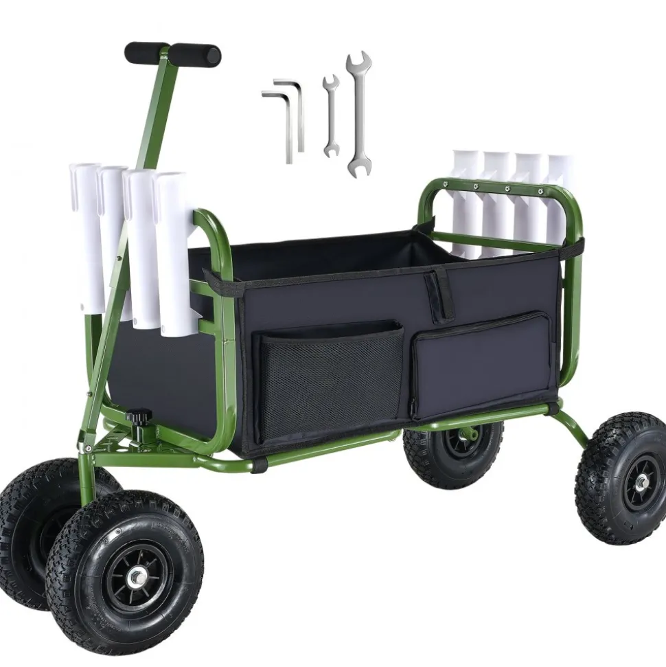 VEVOR Beach Fishing Cart, 300 lbs Load Capacity, Foldable Fish and Marine Cart with Four 11" Big Wheels Rubber Balloon Tires, Heavy-Duty Steel Pier Wagon Trolley with 8 Rod Holders for Picnic