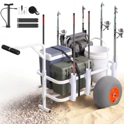 VEVOR Beach Fishing Cart, 300 lbs Load Capacity, Fishing Cart Wagon with Heavy-Duty Aluminum Alloy Frame, 13-Inch All-Terrain PU Balloon Tires, 8 Rod Holders, for Outdoor Activities Camping Picnic