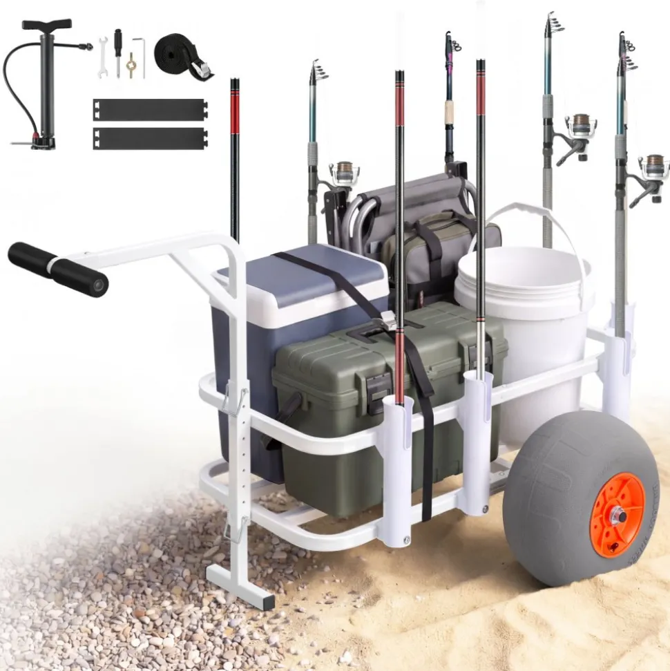 VEVOR Beach Fishing Cart, 300 lbs Load Capacity, Fishing Cart Wagon with Heavy-Duty Aluminum Alloy Frame, 13-Inch All-Terrain PU Balloon Tires, 8 Rod Holders, for Outdoor Activities Camping Picnic