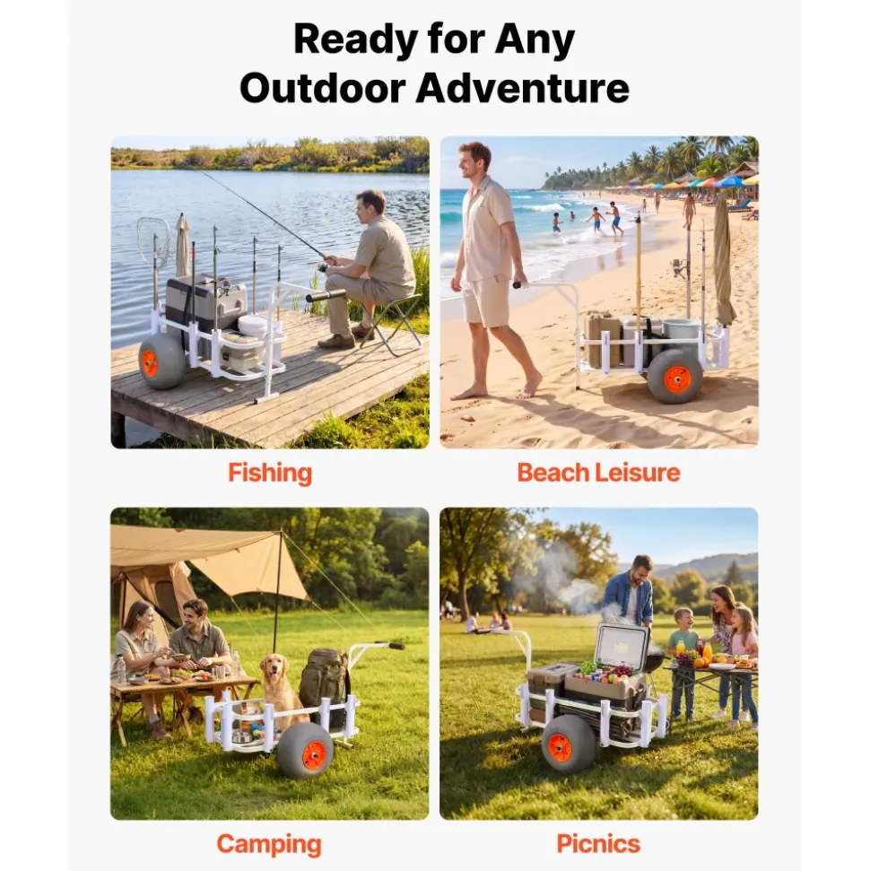 VEVOR Beach Fishing Cart, 300 lbs Load Capacity, Fishing Cart Wagon with Heavy-Duty Aluminum Alloy Frame, 13-Inch All-Terrain PU Balloon Tires, 8 Rod Holders, for Outdoor Activities Camping Picnic