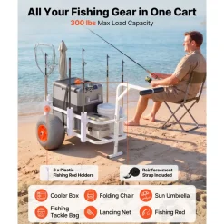 VEVOR Beach Fishing Cart, 300 lbs Load Capacity, Fishing Cart Wagon with Heavy-Duty Aluminum Alloy Frame, 13-Inch All-Terrain PU Balloon Tires, 8 Rod Holders, for Outdoor Activities Camping Picnic