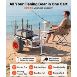 VEVOR Beach Fishing Cart, 350 lbs Load Capacity, Fishing Cart Wagon with Heavy-Duty Aluminum Alloy Frame, 16.5 in All-Terrain PU Balloon Tires, 8 Rod Holders, for Outdoor Activities Camping Picnic