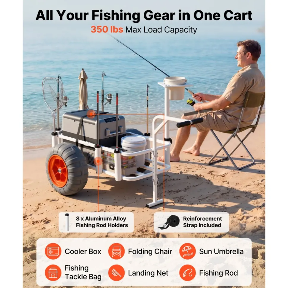 VEVOR Beach Fishing Cart, 350 lbs Load Capacity, Fishing Cart Wagon with Heavy-Duty Aluminum Alloy Frame, 16.5 in All-Terrain PU Balloon Tires, 8 Rod Holders, for Outdoor Activities Camping Picnic