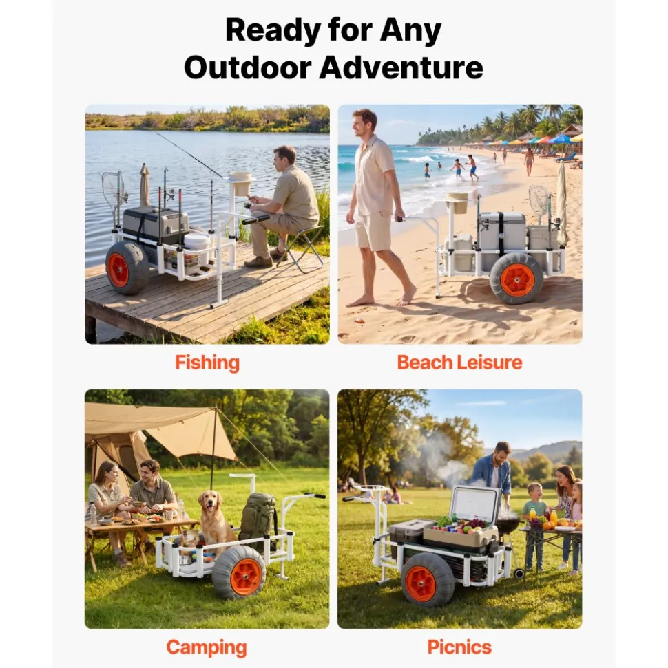 VEVOR Beach Fishing Cart, 350 lbs Load Capacity, Fishing Cart Wagon with Heavy-Duty Aluminum Alloy Frame, 16.5 in All-Terrain PU Balloon Tires, 8 Rod Holders, for Outdoor Activities Camping Picnic