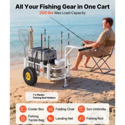 VEVOR Beach Fishing Cart, 200 lbs Load Capacity, Fishing Cart Wagon with Heavy-Duty Carbon Steel Frame, 11 in All-Terrain Tires, 7 Rod Holders, Easy to Clean, for Outdoor Activities Camping Picnic