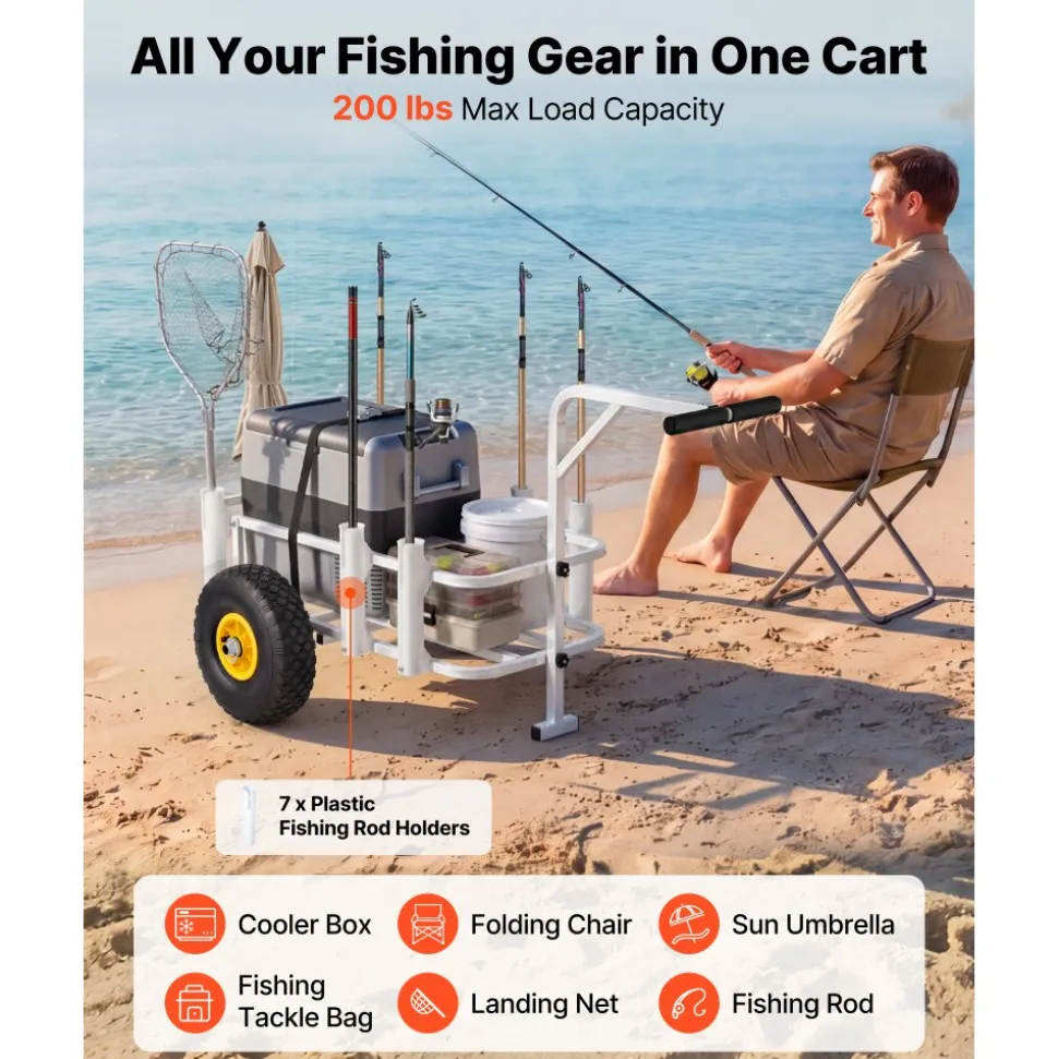 VEVOR Beach Fishing Cart, 200 lbs Load Capacity, Fishing Cart Wagon with Heavy-Duty Carbon Steel Frame, 11 in All-Terrain Tires, 7 Rod Holders, Easy to Clean, for Outdoor Activities Camping Picnic