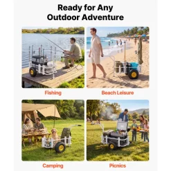 VEVOR Beach Fishing Cart, 200 lbs Load Capacity, Fishing Cart Wagon with Heavy-Duty Carbon Steel Frame, 11 in All-Terrain Tires, 7 Rod Holders, Easy to Clean, for Outdoor Activities Camping Picnic