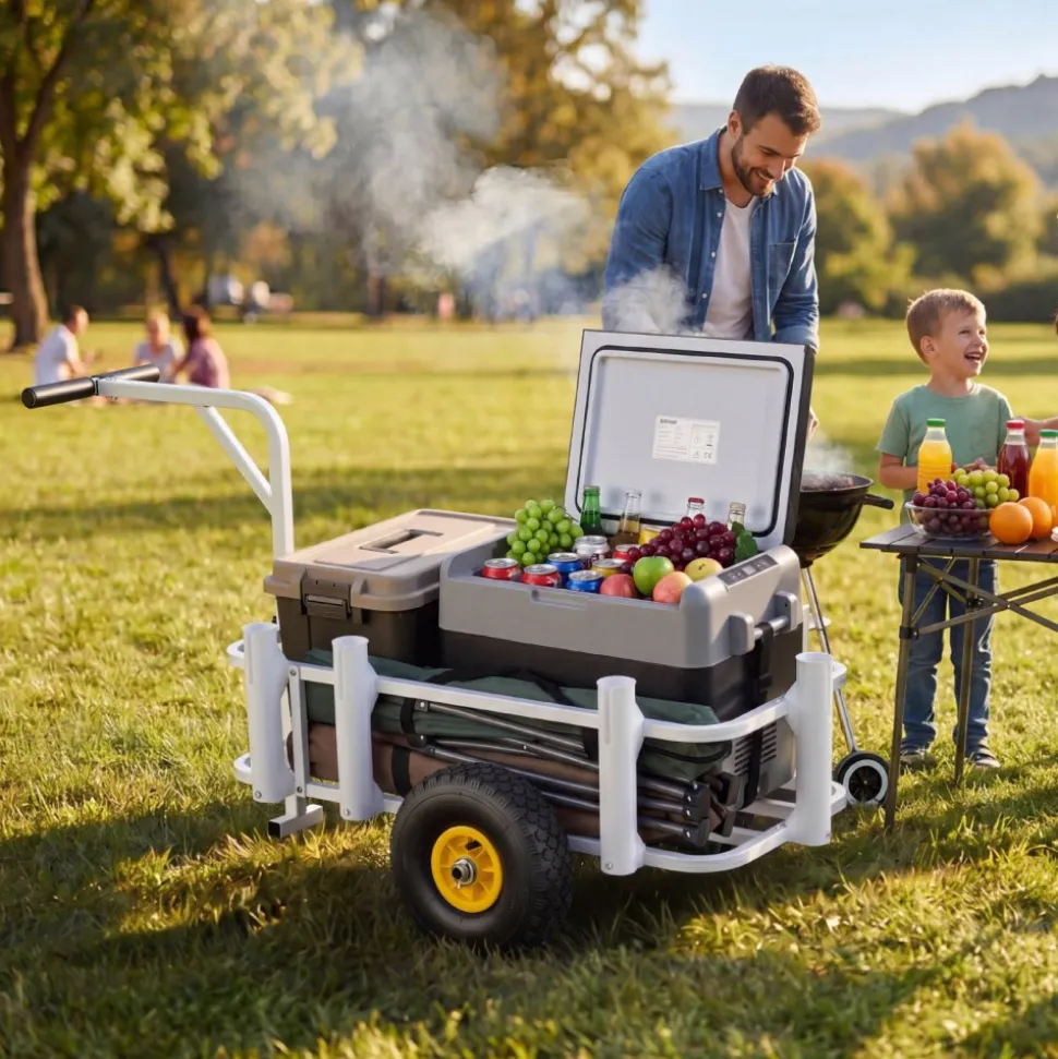 VEVOR Beach Fishing Cart, 200 lbs Load Capacity, Fishing Cart Wagon with Heavy-Duty Carbon Steel Frame, 11 in All-Terrain Tires, 7 Rod Holders, Easy to Clean, for Outdoor Activities Camping Picnic