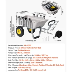 VEVOR Beach Fishing Cart, 200 lbs Load Capacity, Fishing Cart with Poly Bed, Heavy-Duty Aluminum Alloy Frame, 13-Inch All-Terrain Tires, 8 Rod Holders, Strap, Easy to Clean, for Outdoor Camping Picnic