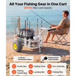VEVOR Beach Fishing Cart, 200 lbs Load Capacity, Fishing Cart Wagon with Heavy-Duty Carbon Steel Frame, 13-Inch All-Terrain PU Balloon Tires, 7 Rod Holders, for Outdoor Activities Camping Picnic