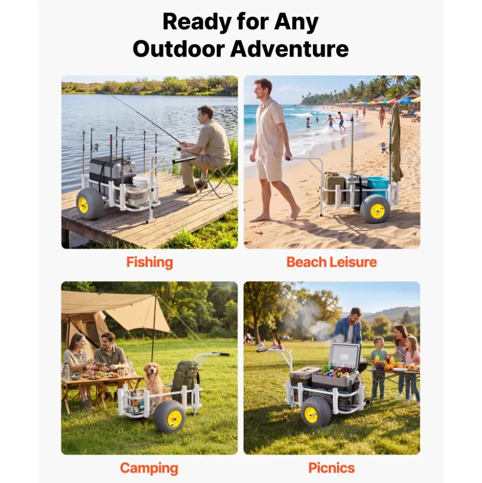 VEVOR Beach Fishing Cart, 200 lbs Load Capacity, Fishing Cart Wagon with Heavy-Duty Carbon Steel Frame, 13-Inch All-Terrain PU Balloon Tires, 7 Rod Holders, for Outdoor Activities Camping Picnic