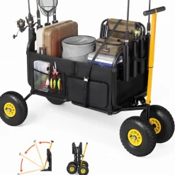 VEVOR Beach Fishing Cart, 300 lbs Load Capacity, Foldable Fishing Cart with Heavy-Duty Carbon Steel Frame, 11-Inch All-Terrain Tires, 8 Rod Holders, Strap, Easy to Clean, for Outdoor Camping Picnic