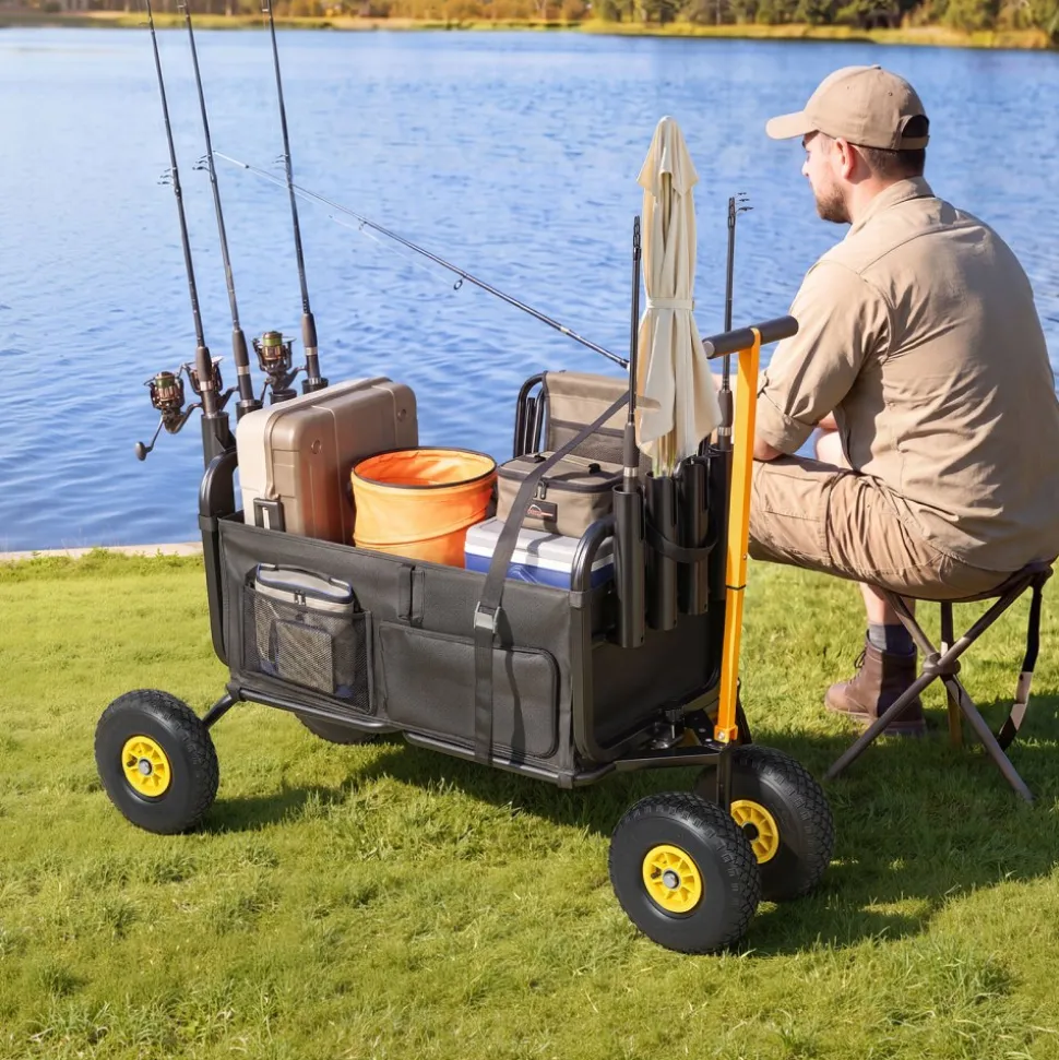 VEVOR Beach Fishing Cart, 300 lbs Load Capacity, Foldable Fishing Cart with Heavy-Duty Carbon Steel Frame, 11-Inch All-Terrain Tires, 8 Rod Holders, Strap, Easy to Clean, for Outdoor Camping Picnic