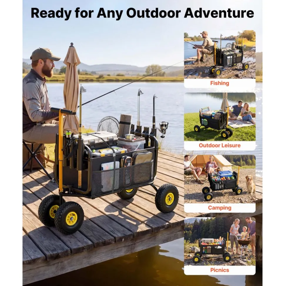 VEVOR Beach Fishing Cart, 300 lbs Load Capacity, Foldable Fishing Cart with Heavy-Duty Carbon Steel Frame, 11-Inch All-Terrain Tires, 8 Rod Holders, Strap, Easy to Clean, for Outdoor Camping Picnic