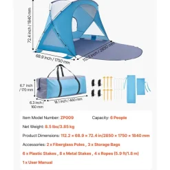 VEVOR Beach Tent Sun Shelter for 6 Person, UPF 50+ Protection, Portable Sun Shade Canopy with Carrying Bag & Sand Pockets, Lightweight and Easy Setup Beach Umbrella for Family Camping Outdoor Picnic