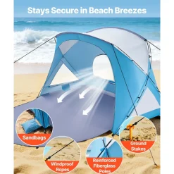 VEVOR Beach Tent Sun Shelter for 6 Person, UPF 50+ Protection, Portable Sun Shade Canopy with Carrying Bag & Sand Pockets, Lightweight and Easy Setup Beach Umbrella for Family Camping Outdoor Picnic