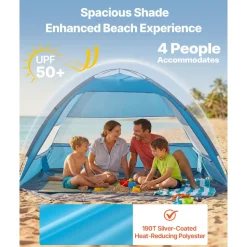 VEVOR Beach Tent Sun Shelter for 4 Person, UPF 50+ Protection, Portable Sun Shade Canopy with Carrying Bag & Sand Pockets, Lightweight and Easy Setup Beach Umbrella for Camping Fishing Outdoor Picnic