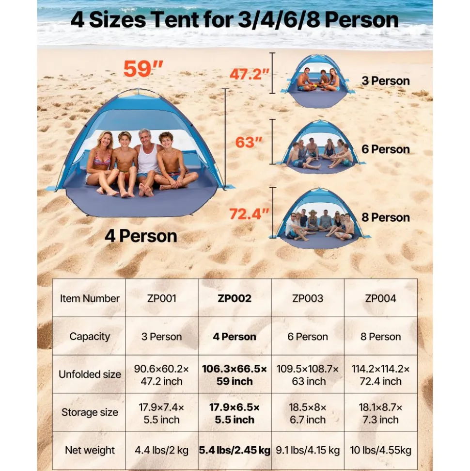 VEVOR Beach Tent Sun Shelter for 4 Person, UPF 50+ Protection, Portable Sun Shade Canopy with Carrying Bag & Sand Pockets, Lightweight and Easy Setup Beach Umbrella for Camping Fishing Outdoor Picnic