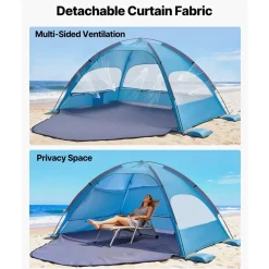 VEVOR Beach Tent Sun Shelter for 4 Person, UPF 50+ Protection, Portable Sun Shade Canopy with Carrying Bag & Sand Pockets, Lightweight and Easy Setup Beach Umbrella for Camping Fishing Outdoor Picnic