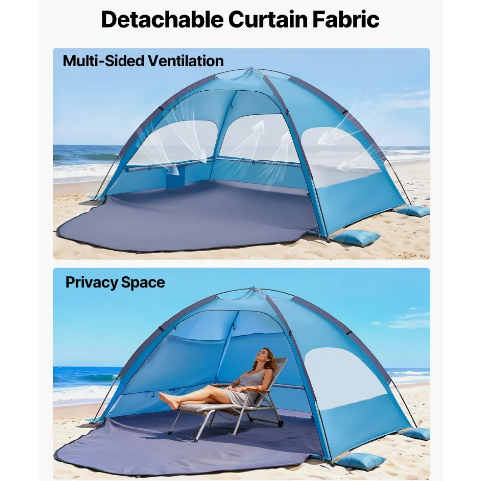 VEVOR Beach Tent Sun Shelter for 4 Person, UPF 50+ Protection, Portable Sun Shade Canopy with Carrying Bag & Sand Pockets, Lightweight and Easy Setup Beach Umbrella for Camping Fishing Outdoor Picnic
