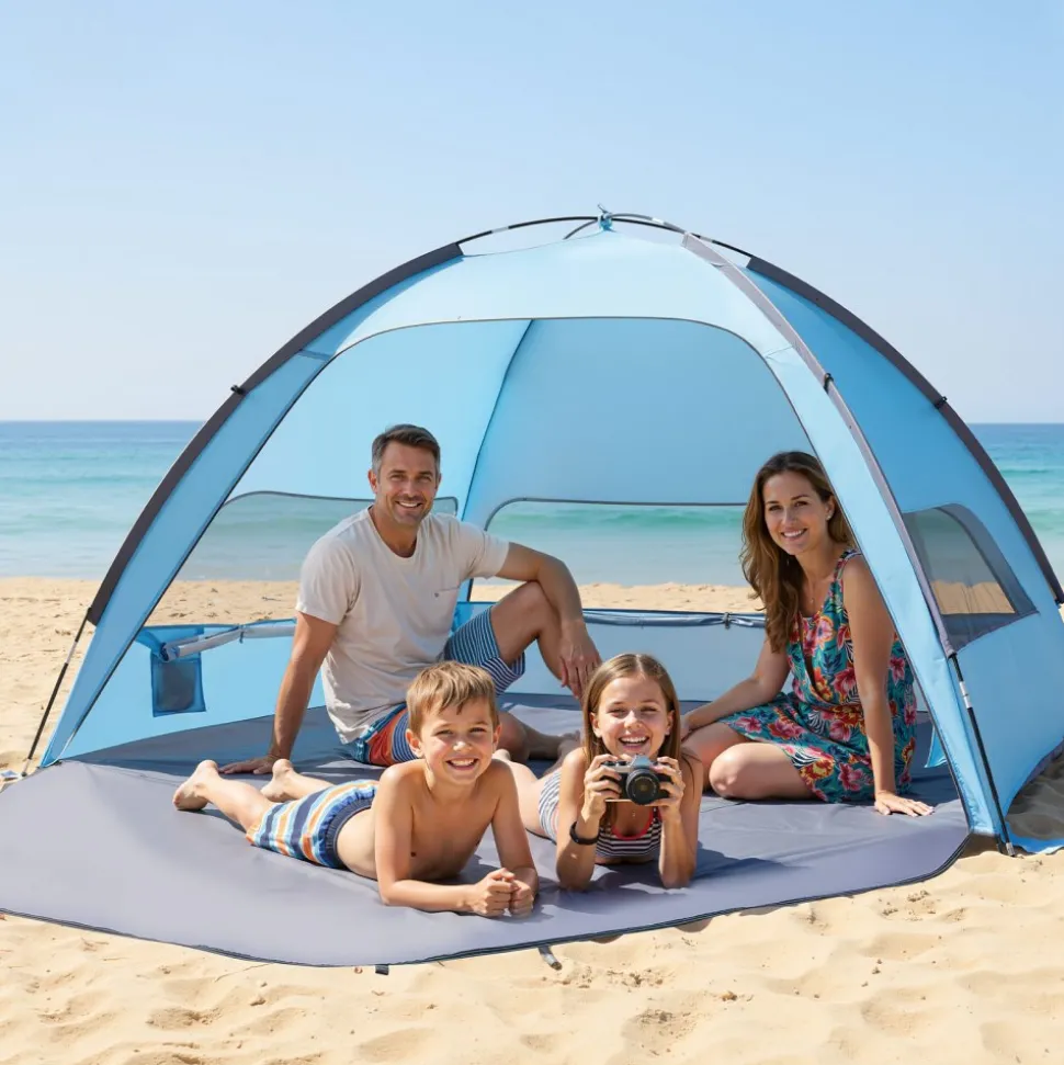 VEVOR Beach Tent Sun Shelter for 4 Person, UPF 50+ Protection, Portable Sun Shade Canopy with Carrying Bag & Sand Pockets, Lightweight and Easy Setup Beach Umbrella for Camping Fishing Outdoor Picnic