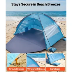 VEVOR Beach Tent Sun Shelter for 4 Person, UPF 50+ Protection, Portable Sun Shade Canopy with Carrying Bag & Sand Pockets, Lightweight and Easy Setup Beach Umbrella for Camping Fishing Outdoor Picnic