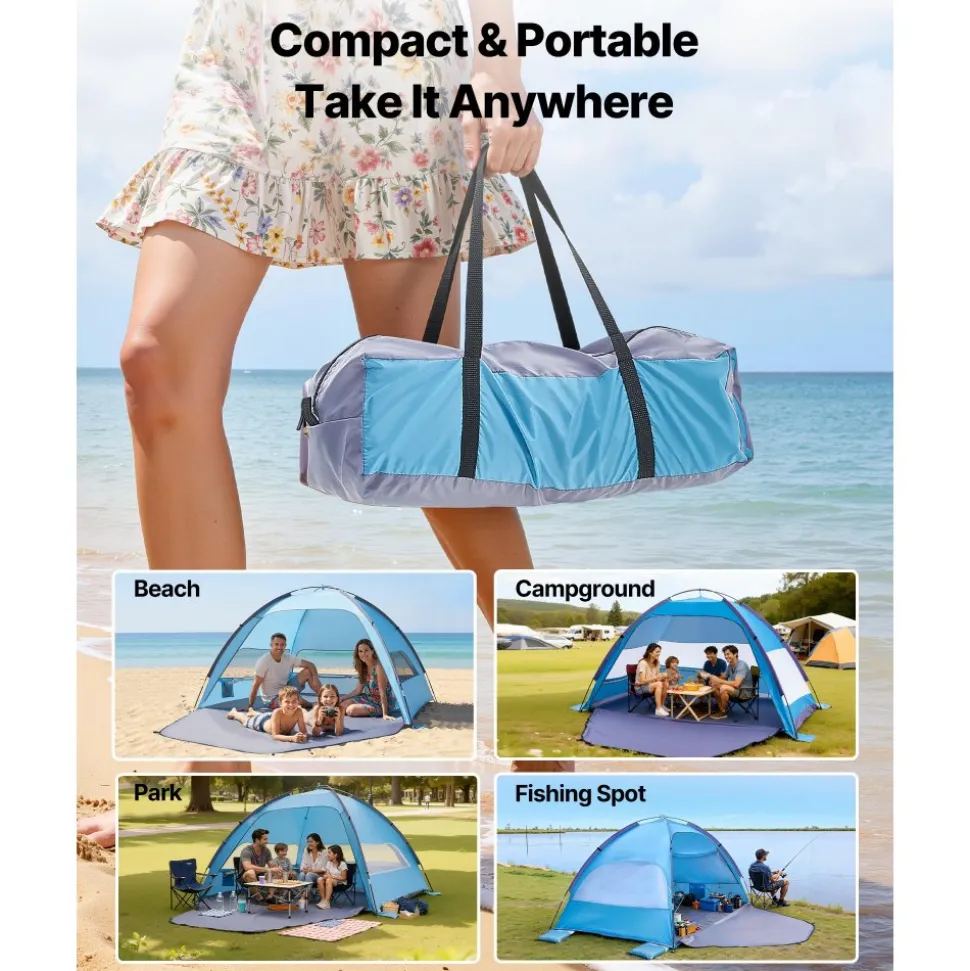 VEVOR Beach Tent Sun Shelter for 4 Person, UPF 50+ Protection, Portable Sun Shade Canopy with Carrying Bag & Sand Pockets, Lightweight and Easy Setup Beach Umbrella for Camping Fishing Outdoor Picnic