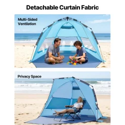 VEVOR Beach Tent Sun Shelter for 4 Person, Pop Up Beach Tent UPF 50+ Protection, Portable Sun Shade Canopy with Carrying Bag and Sand Pockets, Easy Setup Umbrella for Camping Fishing Outdoor Picnic