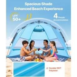 VEVOR Beach Tent Sun Shelter for 4 Person, Pop Up Beach Tent UPF 50+ Protection, Portable Sun Shade Canopy with Carrying Bag and Sand Pockets, Easy Setup Umbrella for Camping Fishing Outdoor Picnic