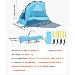 VEVOR Beach Tent Sun Shelter for 4 Person, Pop Up Beach Tent UPF 50+ Protection, Portable Sun Shade Canopy with Carrying Bag and Sand Pockets, Easy Setup Umbrella for Camping Fishing Outdoor Picnic
